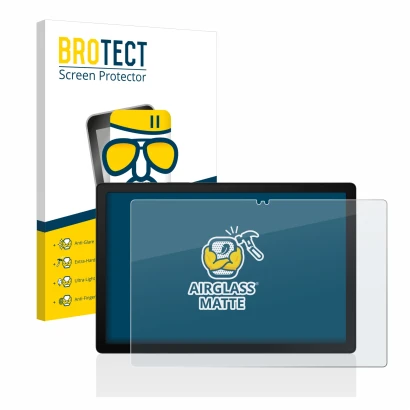 Front side of a product packaging with the brand logo BROTECT. Next to it is the device Samsung Galaxy Tab A8 WiFi shown with 