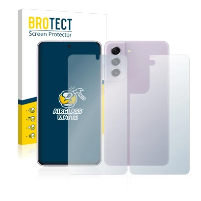 Front side of a product packaging with the brand logo BROTECT. Next to it is the device Samsung Galaxy S21 FE 5G (Front+Back) 