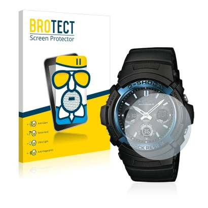 Front side of a product packaging with the brand logo BROTECT. Next to it is the device Casio AWG M100 shown with the correspo
