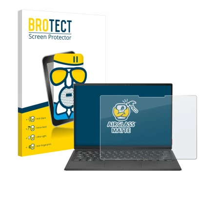 Front side of a product packaging with the brand logo BROTECT. Next to it is the device ASUS Rog Flow Z13 2022 shown with the 