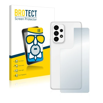 Front side of a product packaging with the brand logo BROTECT. Next to it is the device Samsung Galaxy A53 5G (Back) shown wit