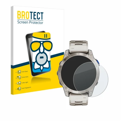 Front side of a product packaging with the brand logo BROTECT. Next to it is the device Garmin D2 Mach 1 shown with the corres