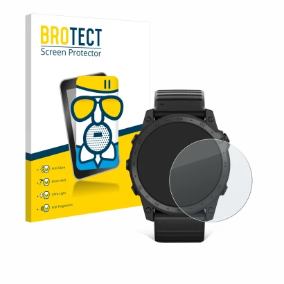 Front side of a product packaging with the brand logo BROTECT. Next to it is the device Garmin Tactix 7 Pro Ballistics shown w