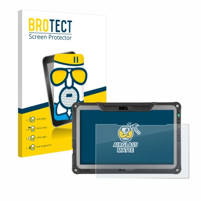 Front side of a product packaging with the brand logo BROTECT. Next to it is the device Getac F110 G6 shown with the correspon