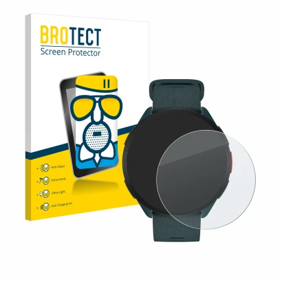 Front side of a product packaging with the brand logo BROTECT. Next to it is the device Polar Pacer shown with the correspondi