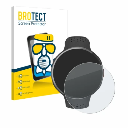 Front side of a product packaging with the brand logo BROTECT. Next to it is the device Polar Pacer Pro shown with the corresp