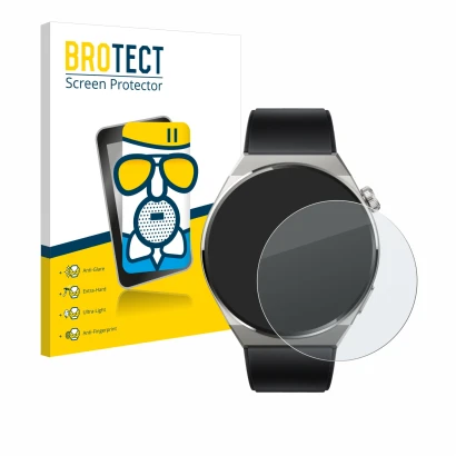 Front side of a product packaging with the brand logo BROTECT. Next to it is the device Huawei Watch GT 3 Pro Titanium (46mm)
