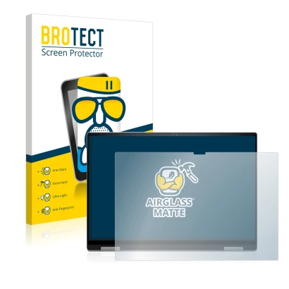 Front side of a product packaging with the brand logo BROTECT. Next to it is the device Dell Inspiron 16 7620 2-in-1 shown wit