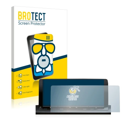 Front side of a product packaging with the brand logo BROTECT. Next to it is the device Volkswagen Caddy 5 Discover Media 10