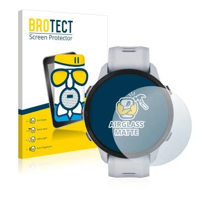 Front side of a product packaging with the brand logo BROTECT. Next to it is the device Garmin Forerunner 955 shown with the c