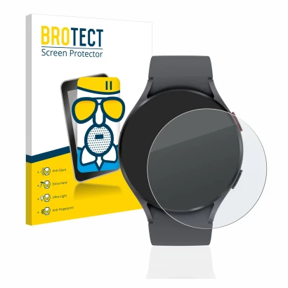 Front side of a product packaging with the brand logo BROTECT. Next to it is the device Samsung Galaxy Watch 5 (44mm) shown wi