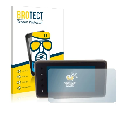 Front side of a product packaging with the brand logo BROTECT. Next to it is the device Dacia Duster 2 MediaDisplay shown with