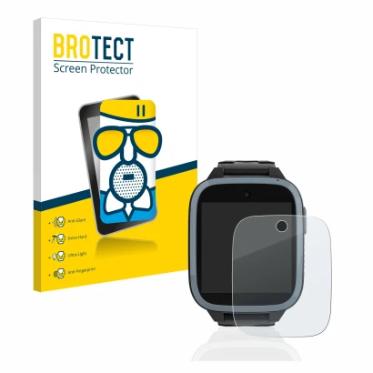 Front side of a product packaging with the brand logo BROTECT. Next to it is the device Xplora XGO3 (1st Gen.) shown with the 