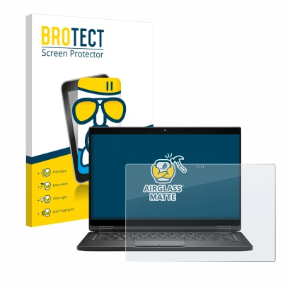 Front side of a product packaging with the brand logo BROTECT. Next to it is the device Dell Latitude 7390 2-in-1 Business sho