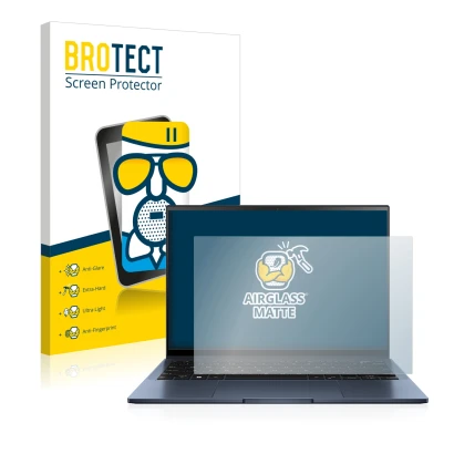 Front side of a product packaging with the brand logo BROTECT. Next to it is the device ASUS ZenBook S13 OLED shown with the c