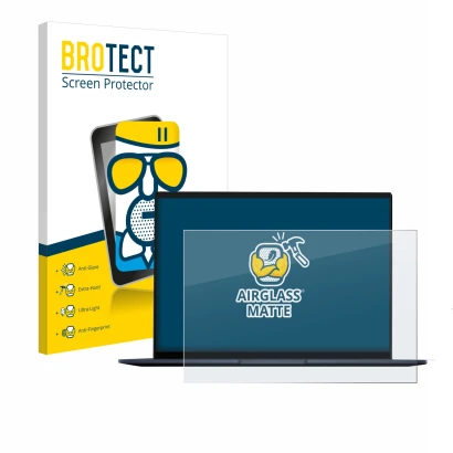 Front side of a product packaging with the brand logo BROTECT. Next to it is the device ASUS ZenBook 14 OLED shown with the co