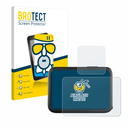 Front side of a product packaging with the brand logo BROTECT. Next to it is the device GoPro Hero 11 Black shown with the cor