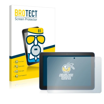 Front side of a product packaging with the brand logo BROTECT. Next to it is the device Amazon Fire HD 8 Plus 2022 shown with