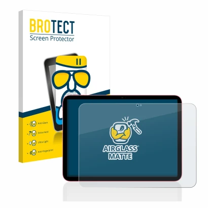 Front side of a product packaging with the brand logo BROTECT. Next to it is the device Apple iPad 10.9