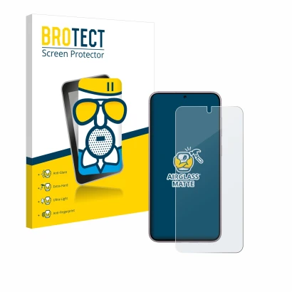 Front side of a product packaging with the brand logo BROTECT. Next to it is the device Samsung Galaxy S23 shown with the corr