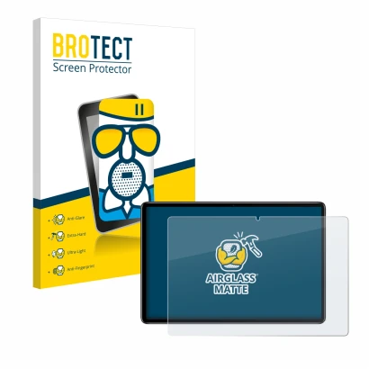 Front side of a product packaging with the brand logo BROTECT. Next to it is the device Blackview Oscal Pad 10 shown with the 
