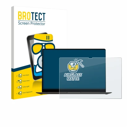 Front side of a product packaging with the brand logo BROTECT. Next to it is the device Samsung Galaxy Book3 Pro 16" shown wit