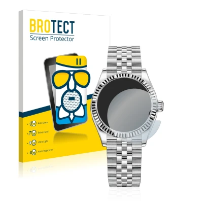 Front side of a product packaging with the brand logo BROTECT. Next to it is the device Rolex Datejust 31 shown with the corre