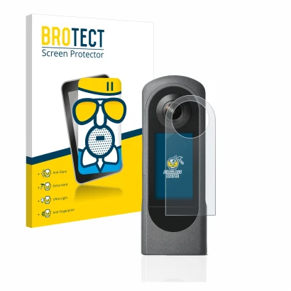 Front side of a product packaging with the brand logo BROTECT. Next to it is the device Ricoh Theta X shown with the correspon