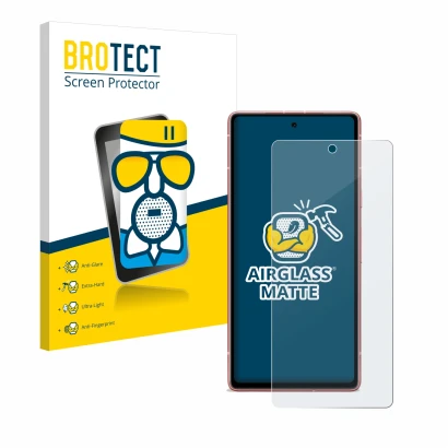 Front side of a product packaging with the brand logo BROTECT. Next to it is the device Google Pixel 7a shown with the corresp
