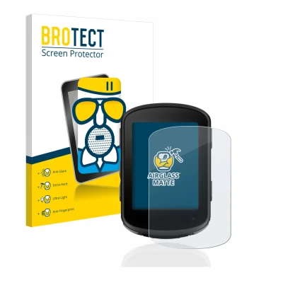 Front side of a product packaging with the brand logo BROTECT. Next to it is the device Garmin Edge 540 shown with the corresp