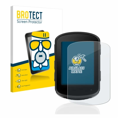 Front side of a product packaging with the brand logo BROTECT. Next to it is the device Garmin Edge 840 shown with the corresp