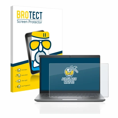 Front side of a product packaging with the brand logo BROTECT. Next to it is the device Dell Latitude 5440 shown with the corr