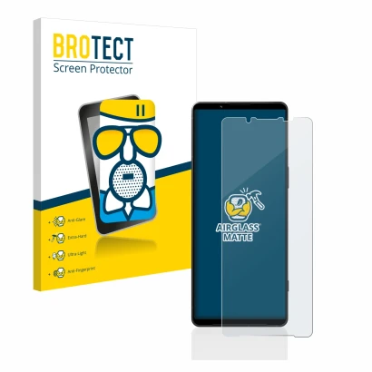 Front side of a product packaging with the brand logo BROTECT. Next to it is the device Sony Xperia 1 V shown with the corresp
