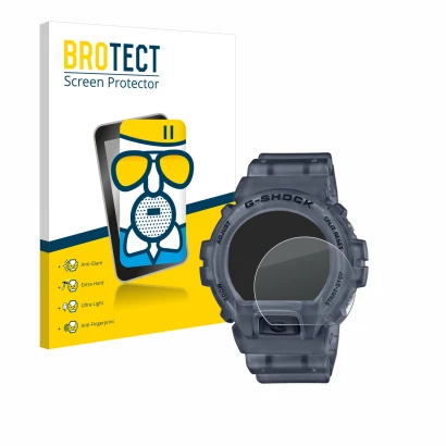 Front side of a product packaging with the brand logo BROTECT. Next to it is the device Casio G-Shock DW-6900 shown with the c
