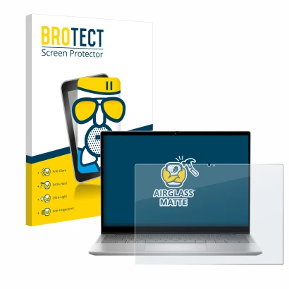 Front side of a product packaging with the brand logo BROTECT. Next to it is the device Dell Inspiron 14 7430 2-in-1 shown wit