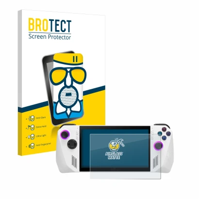 Front side of a product packaging with the brand logo BROTECT. Next to it is the device ASUS ROG Ally (2023) RC71L shown with 