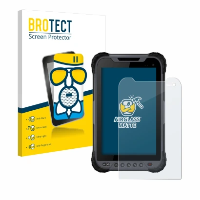 Front side of a product packaging with the brand logo BROTECT. Next to it is the device Stonex UT32 Rugged Tablet shown with t
