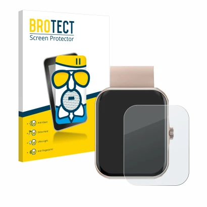 Front side of a product packaging with the brand logo BROTECT. Next to it is the device Mutoy Smartwatch 1.83" shown with the 