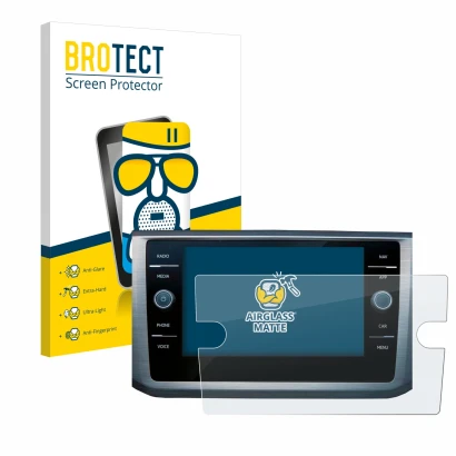 Front side of a product packaging with the brand logo BROTECT. Next to it is the device Volkswagen Passat B8 Discover Media 8"