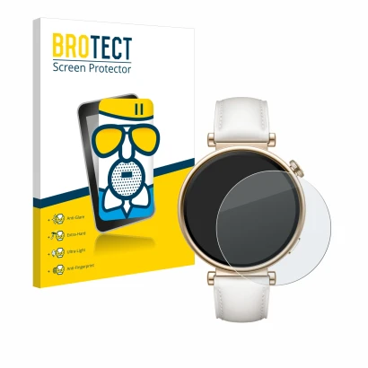 Front side of a product packaging with the brand logo BROTECT. Next to it is the device Huawei Watch GT 4 (41mm) shown with th