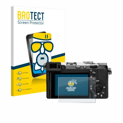 Front side of a product packaging with the brand logo BROTECT. Next to it is the device Sony Alpha 7C II (ILCE-7CM2) shown wit