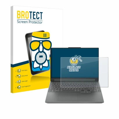 Front side of a product packaging with the brand logo BROTECT. Next to it is the device Lenovo Legion Slim 5 14 shown with the