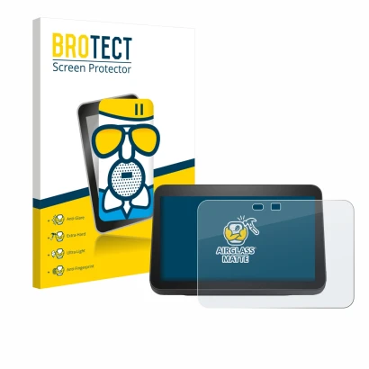 Front side of a product packaging with the brand logo BROTECT. Next to it is the device Amazon Echo Show 8 2023 (3th Gen.) sho