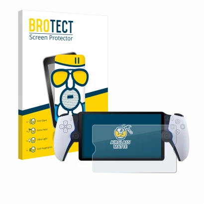 Front side of a product packaging with the brand logo BROTECT. Next to it is the device Sony Playstation Portal shown with the