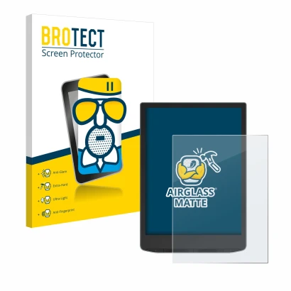 Front side of a product packaging with the brand logo BROTECT. Next to it is the device PocketBook InkPad Color 3 shown with t