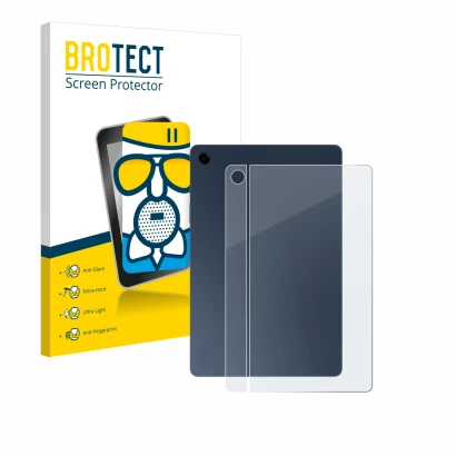 Front side of a product packaging with the brand logo BROTECT. Next to it is the device Samsung Galaxy Tab A9 Plus 5G (Back) s
