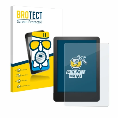Front side of a product packaging with the brand logo BROTECT. Next to it is the device Amazon Kindle Paperwhite 2023 (11th Ge