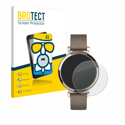 Front side of a product packaging with the brand logo BROTECT. Next to it is the device Garmin Lily 2 shown with the correspon