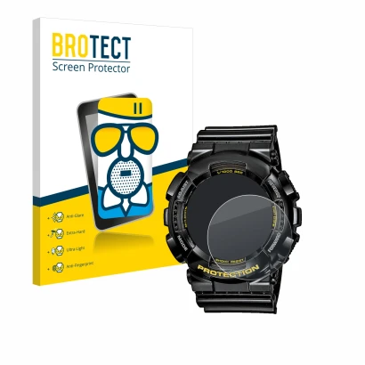 Front side of a product packaging with the brand logo BROTECT. Next to it is the device Casio G-Shock GA-110GB-1A shown with t