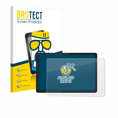 Front side of a product packaging with the brand logo BROTECT. Next to it is the device Lenovo Tab M11 shown with the correspo